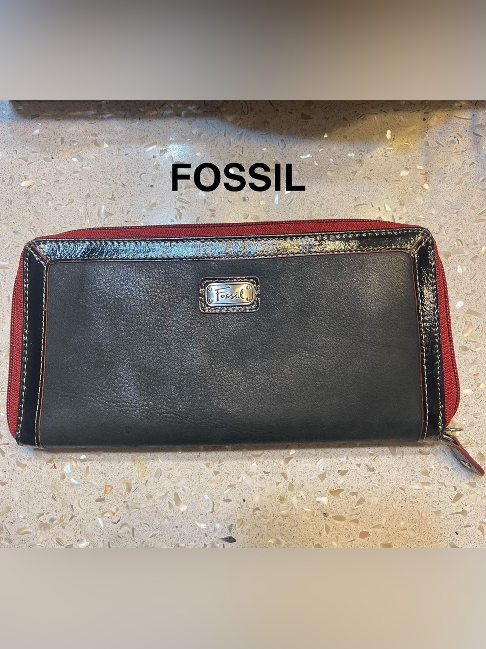 Fossil Black Leather Wallet with Burgundy Zipper and Silver Plaque